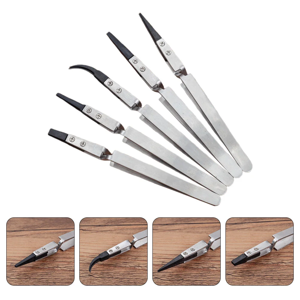 5 Pcs Reverse Handle Tweezers Curved Precision Adapters Straight Anti-Static Track for Pinching Coils Number