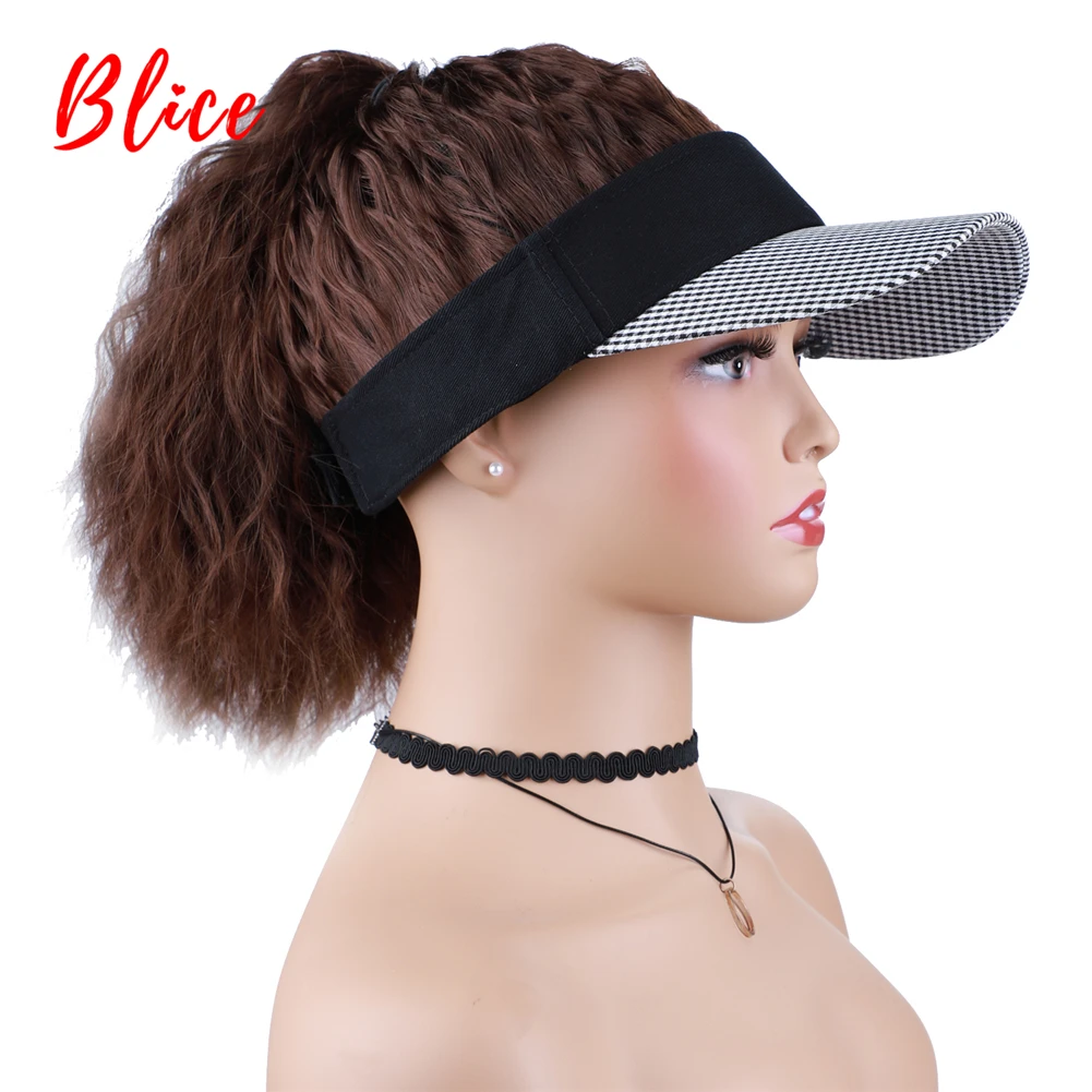 Blice Synthetic Kinky Curly Hair Ponytail Extensions Wigs Travel Beach Shade Baseball Cap All-in-one Easy to Wear Hat Brown Wavy