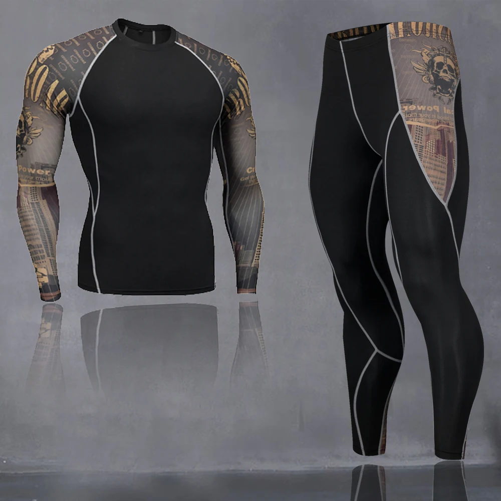 Man s sportswear union suit  rashgard kit  base layer thermal underwear Gym training crossfit muscle shirt compression pants 4XL