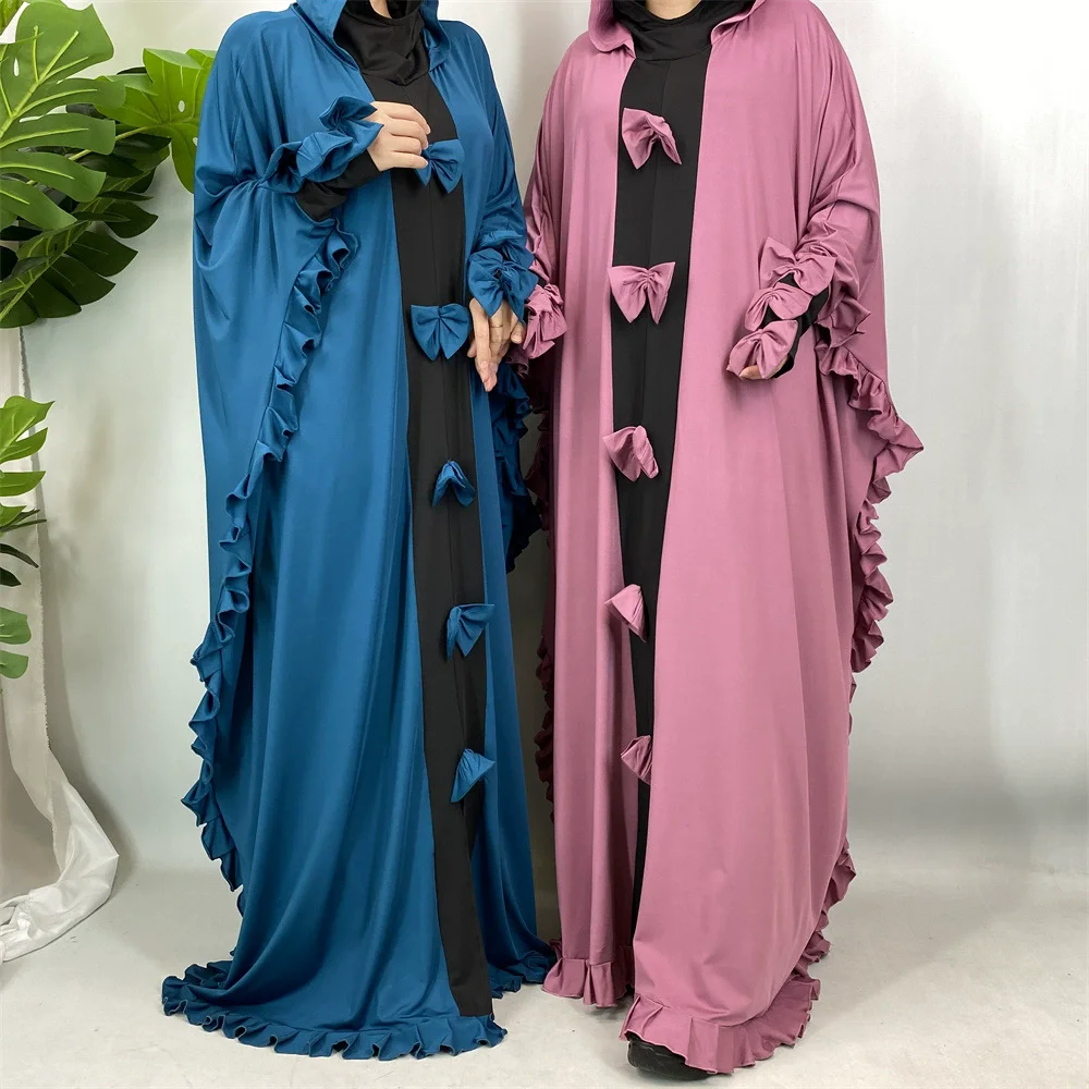 

Middle East Ramadan Morocco Luxury Saudi Arabia Fashion Splicing Bow Elegant Muslim Robe Bat Sleeve Loose Hooded Dress