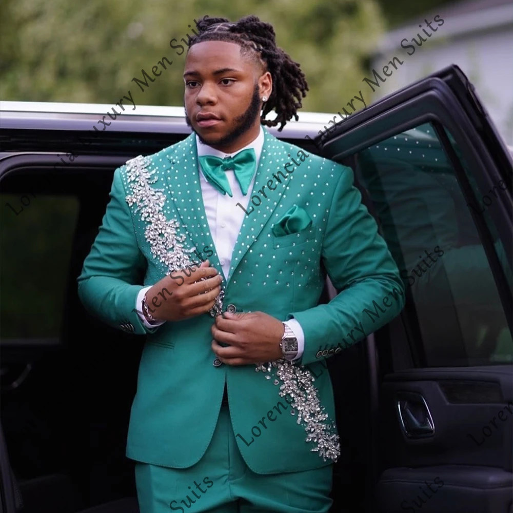 

Casual Crystal Suits for Men 2025 Single Breasted Tuxedos Wedding Party Outfit Customized Blazer Pants traje juvenil masculino