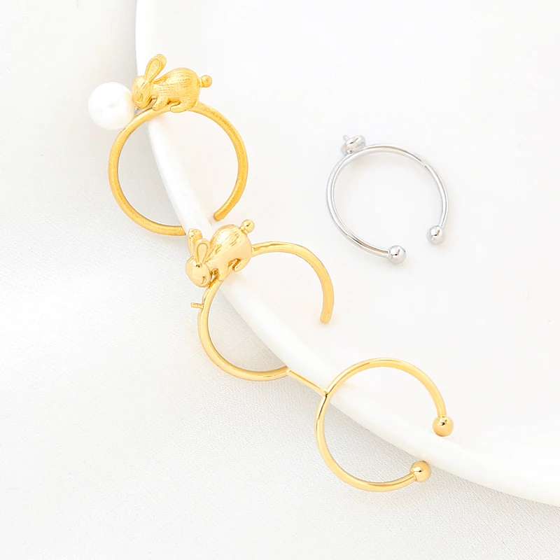 3 pieces  Copper clad gold adjustable ring ring with pearl rabbit  DIY makes fashionable jewelry accessories materials