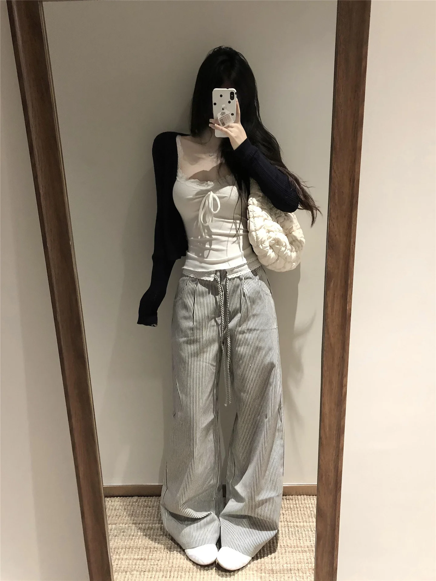 

High Waist Wide Leg Casual Pants Women's Summer Thin Loose Slimming Stripe Drawstring Trousers Floor-Length Polyester Fiber