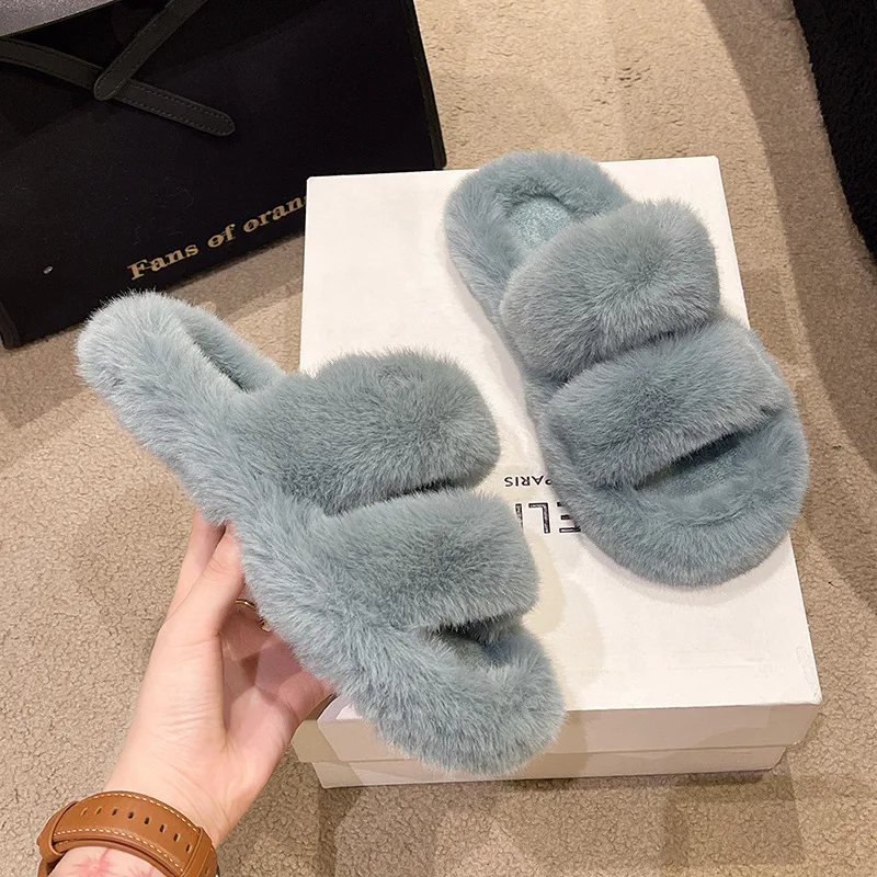 Shoes Women Massage Slippers Flock Fur Flip Flops Slides Low Pantofle Fashion Soft House Plush Flat 2023 Luxury with fur Rome R