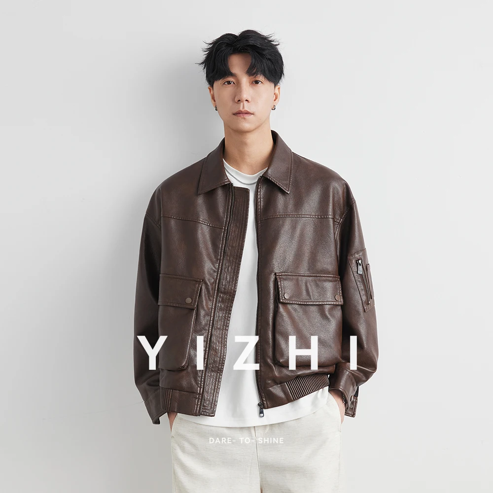 Distressed Vintage Leather Jacket For Men's Loose PU Moto Biker Jacket Windbreaker Luxury Bomber Jacket Outerwears Men Clothes