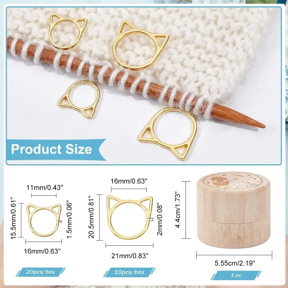 30Pcs Cat's Head Stitch Marker Rings Alloy Metallic Marker Knitting Stitch Counter Stitch Ring Markers with Wooden