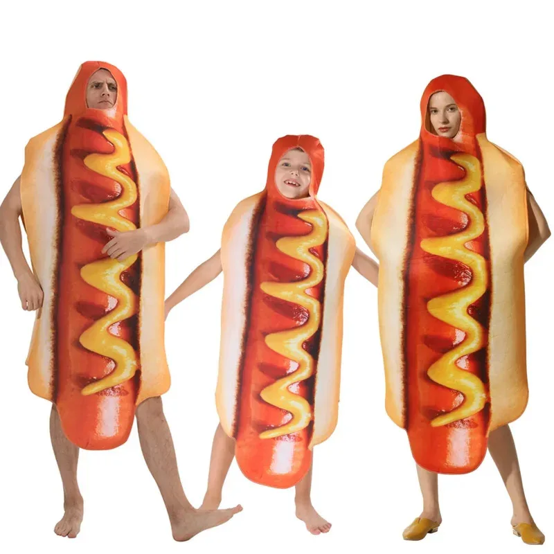 Adult Kids Funny 3D Print Food Sausage Hot Dog Costumes Halloween Men Women Family Halloween costume Pizza Costume Carnival Food