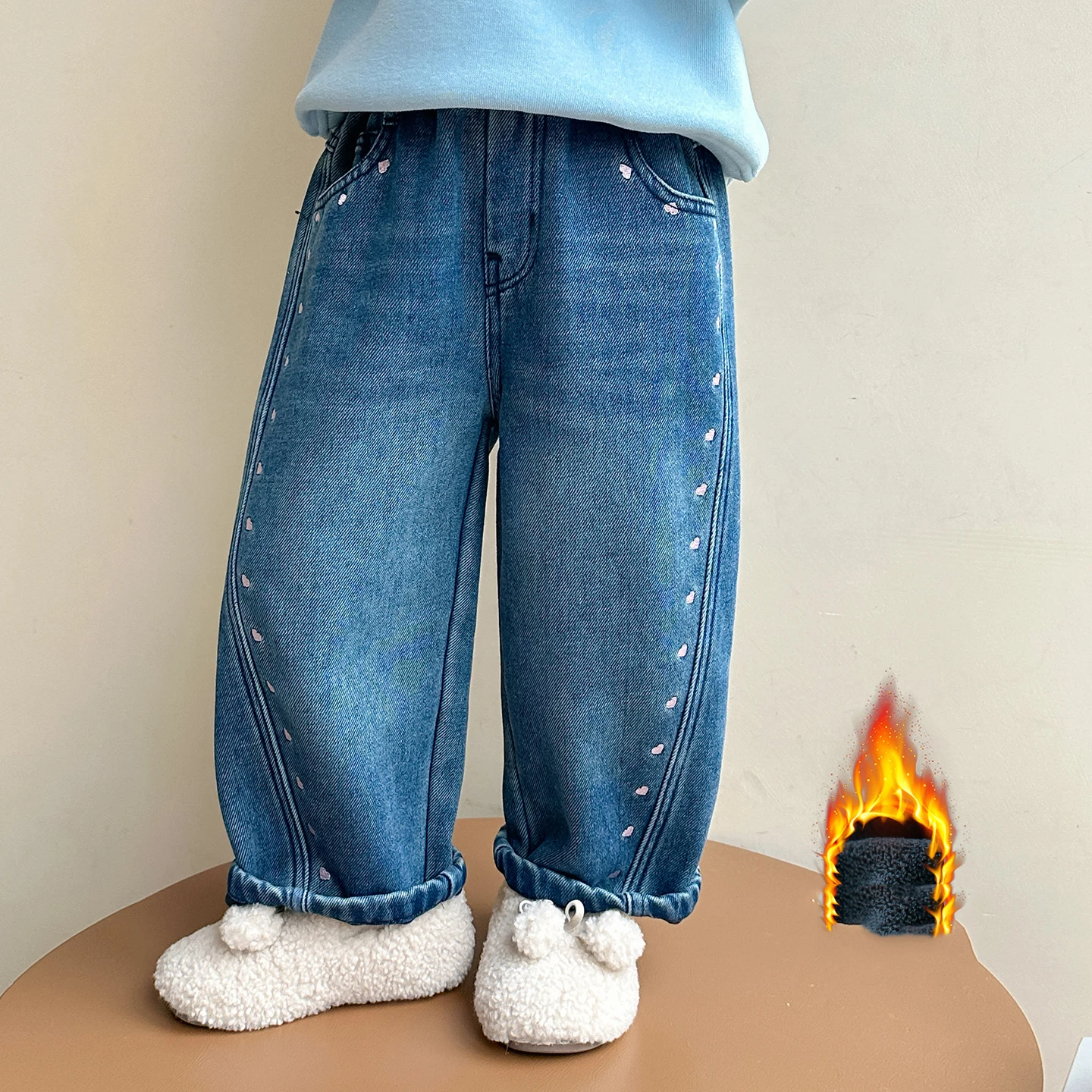 

Toddler Girls Jeans New Winter Love Embroidery Thicken Warm Kids Girls Demin Pant Elastic Waist Infant Baby Girls Casual Pant