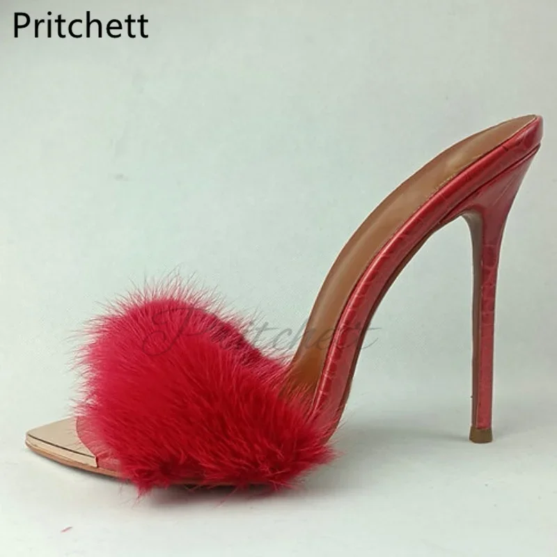 المعادن تو فو الفراء خنجر المرأة النعال مثير موضة 12 سنتيمتر أشار تو عالية الكعب أحمر أسود المدرج أحذية الصيف الصنادل