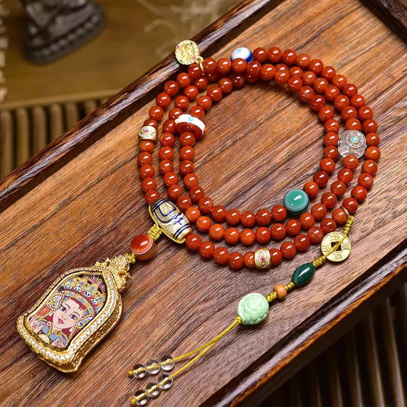 Tibetan-style Buddhist beads red agate necklace, Zaki Lam life and rebirth thangka Buddha pendant, sweater , long chain
