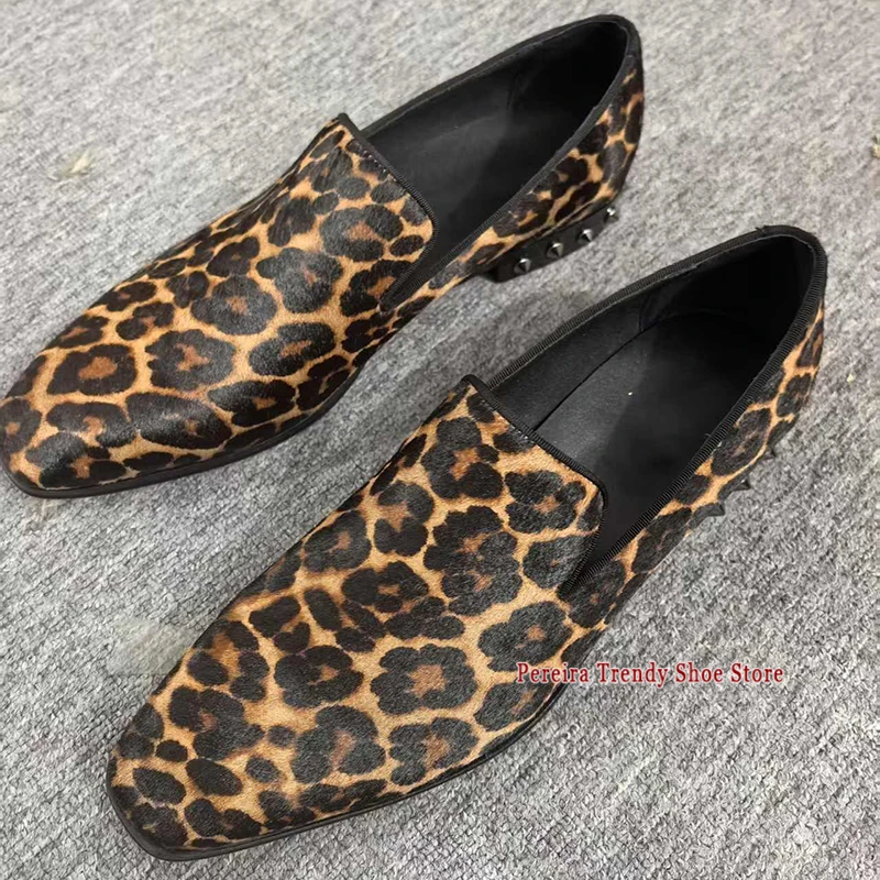 Men's Horse Hair Leopard Print Slip-On Loafers Pointed Toe Rivets Low Heel Casual Shoes Summer New Trendy Party Banquet Shoes
