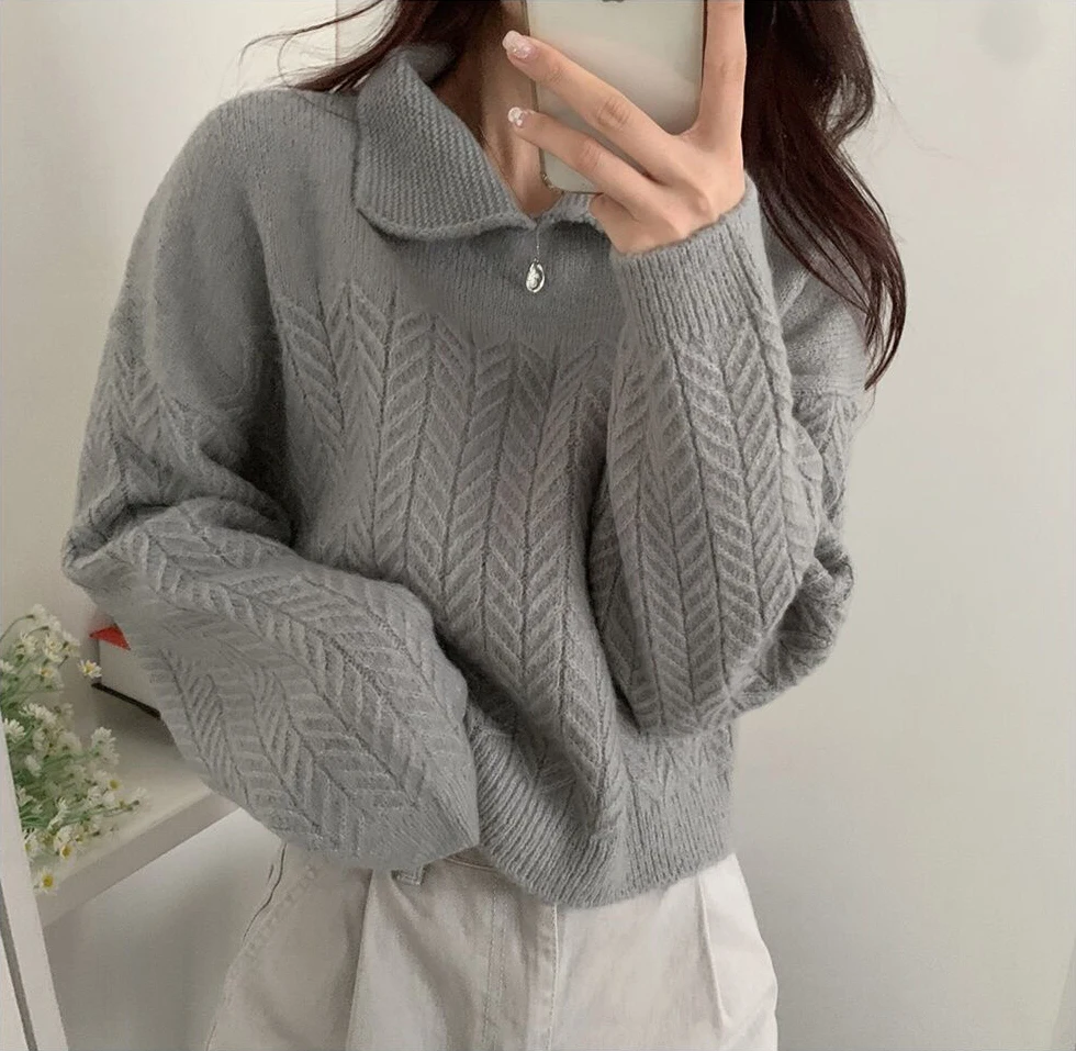 REALEFT Jesienno-zimowe grube swetry damskie z zamkiem błyskawicznym i wykładanym kołnierzem, nowość 2025, dzianinowe luźne pulowery z długim rękawem, damskie