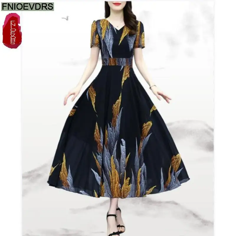 S-5XL Yellow Chiffon Flower Long Maxi Dresses Women 2023 Summer Holiday Vintage Retro Floral Print A Line Feminine Vestidos