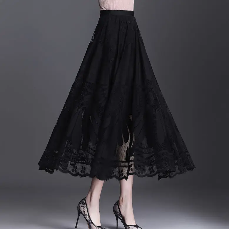 Lace Skirt Women\'s New A-word Long Skirt Big Swing Gauze Hollow Pleated Skirt