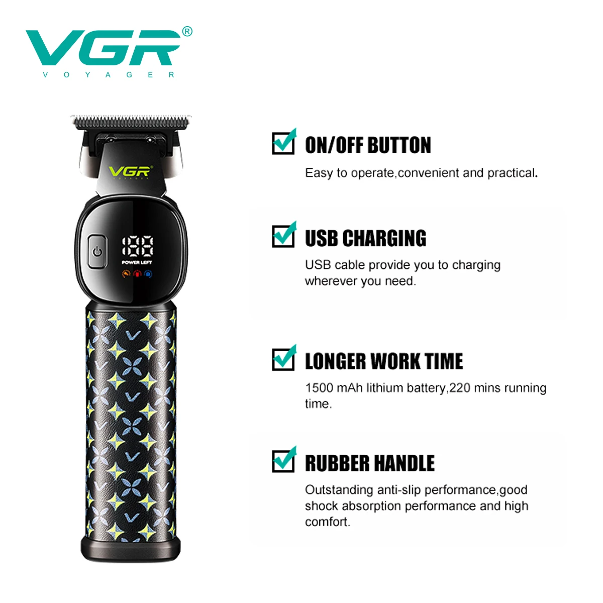 VGR新型バリカン LEDインテリジェントデジタルUSBヘアトリマー セラミックステンレス鋼刃 プロ仕様電動バリカン V-185