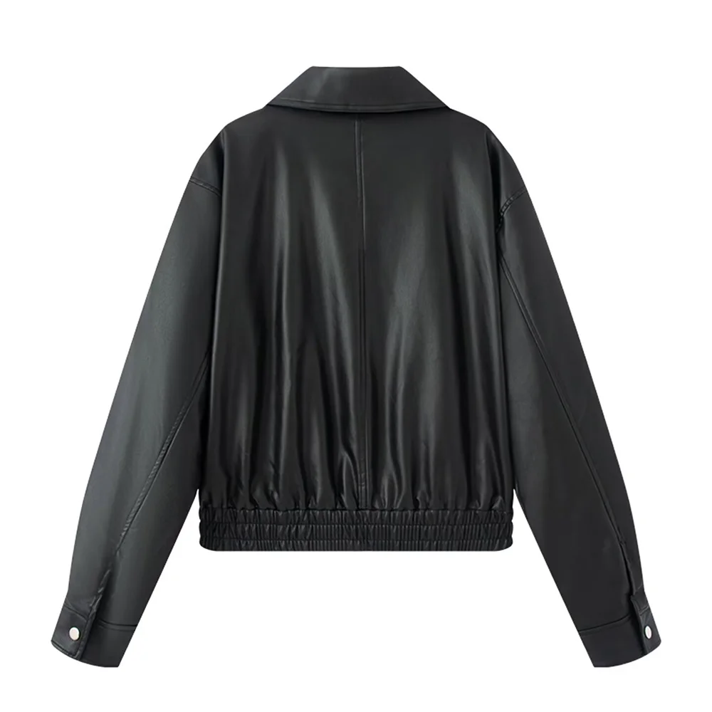 BMURHMZA 여성용 캐주얼 라펠 긴소매 지퍼 장식 숏 다용도 가죽 재킷