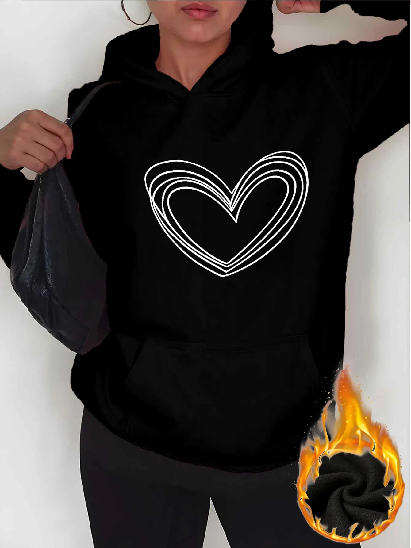 2025 الخريف والشتاء المرأة مقنعين البلوز على شكل قلب خط على شكل قلب طباعة مريحة جيب قناع السترة الرجعية #3