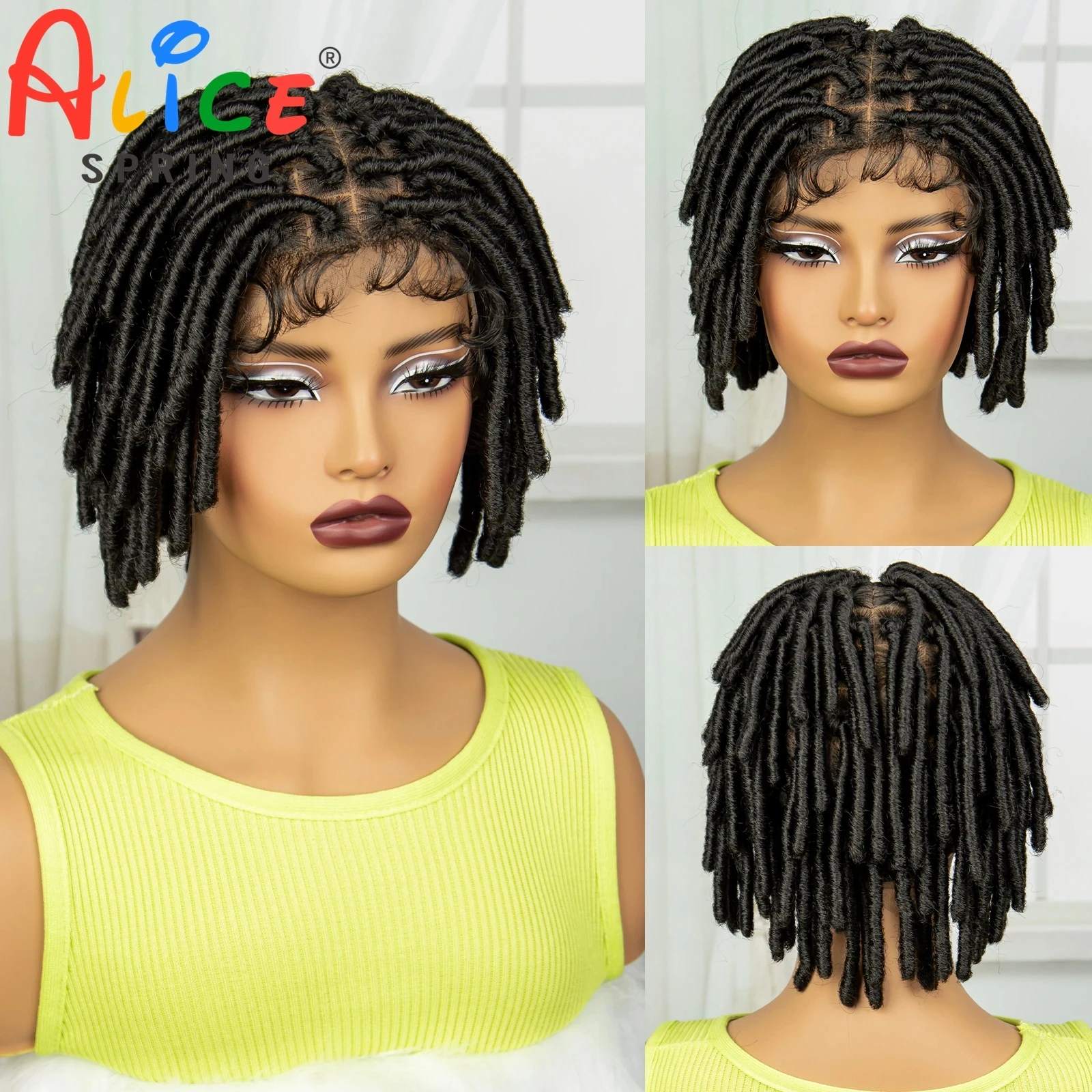 Perucas trançadas curtas para mulheres, frente de renda sintética, sem nós quadrados, cabelo trançado, twist, locs naturais, peruca de crochê