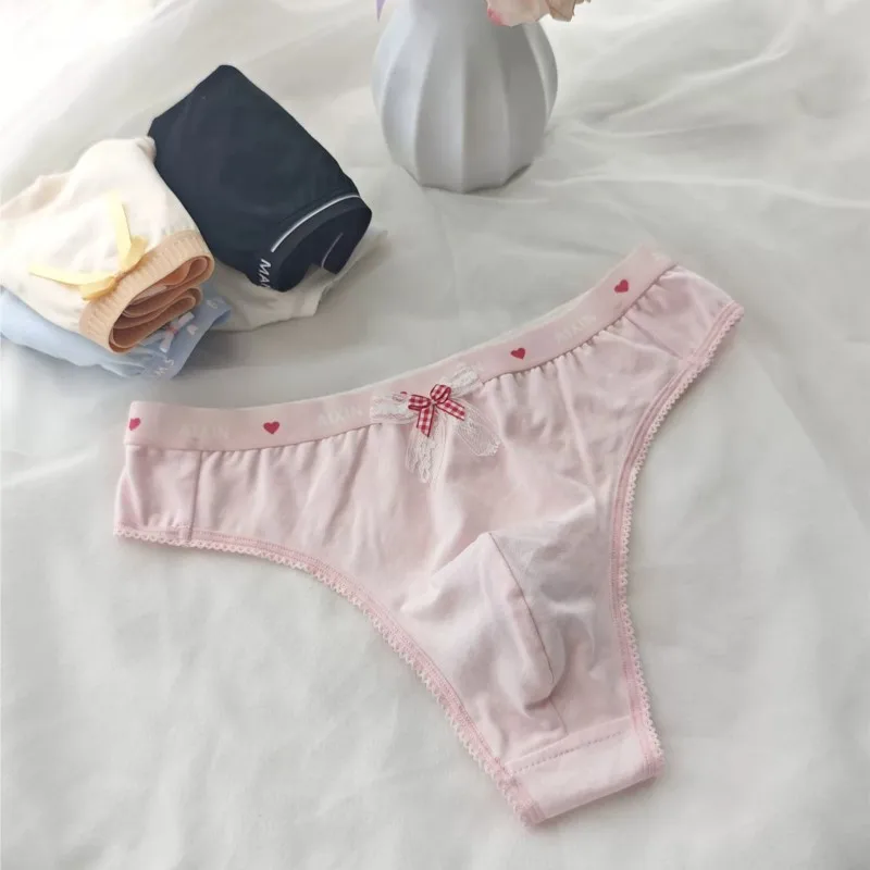Men's Cotton Thong Underwear Low Rise Solid Color Lace Trim Bow Comfort T-Back Convex Pouch Briefs Sexy Sports G-String