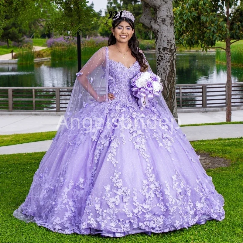 Angelsbride Ball Gown 15 Year Old Quinceanera Dresses Lavender Lace Appliques Butterfly Cape Formal Birthday Vestidos De Festa