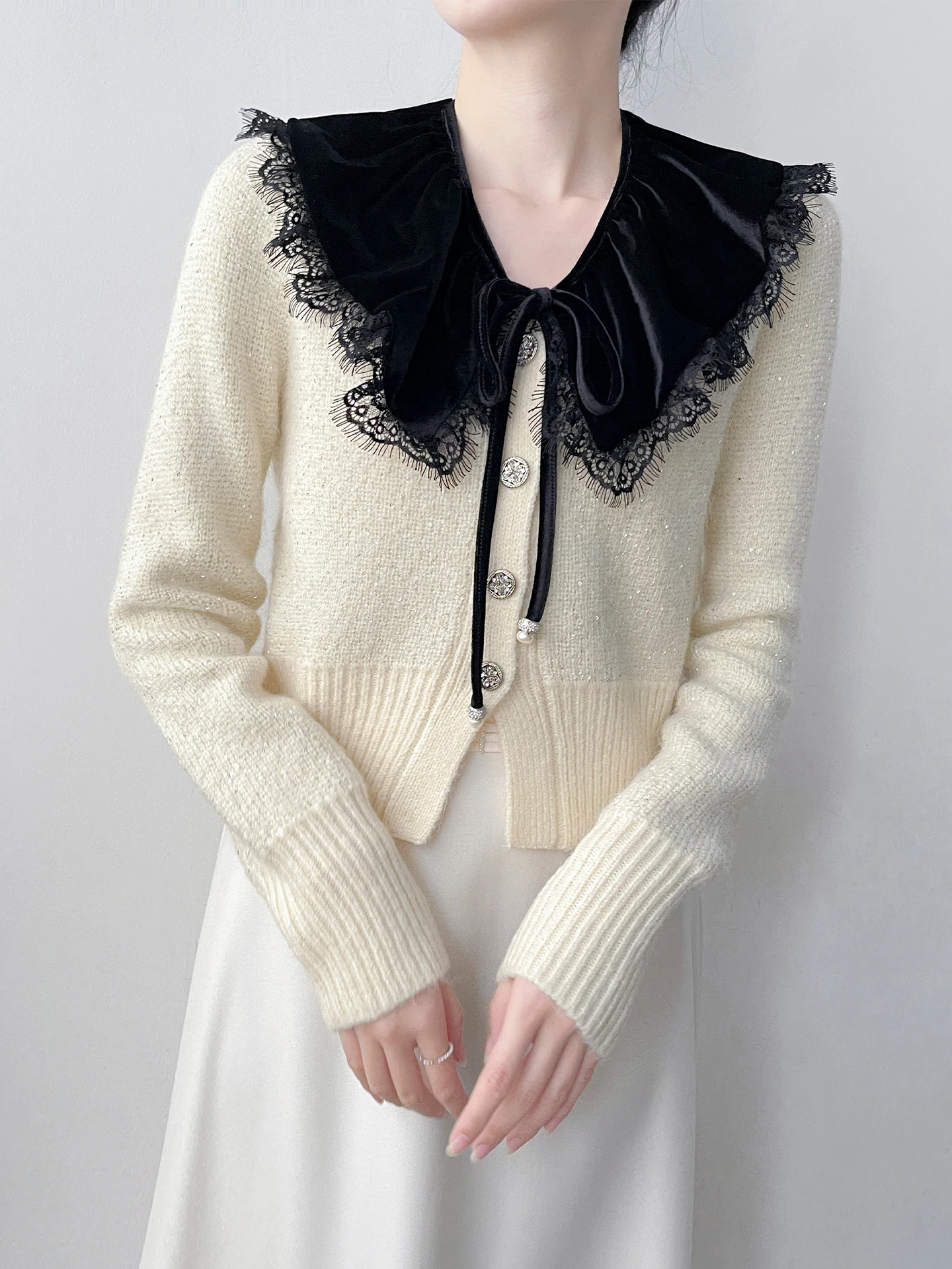 Removable Knot Belted Velvet Lace Trim Knitted Open Cardigan Women's Autumn Winter Large Collar Silk Velvet Lace Kn...