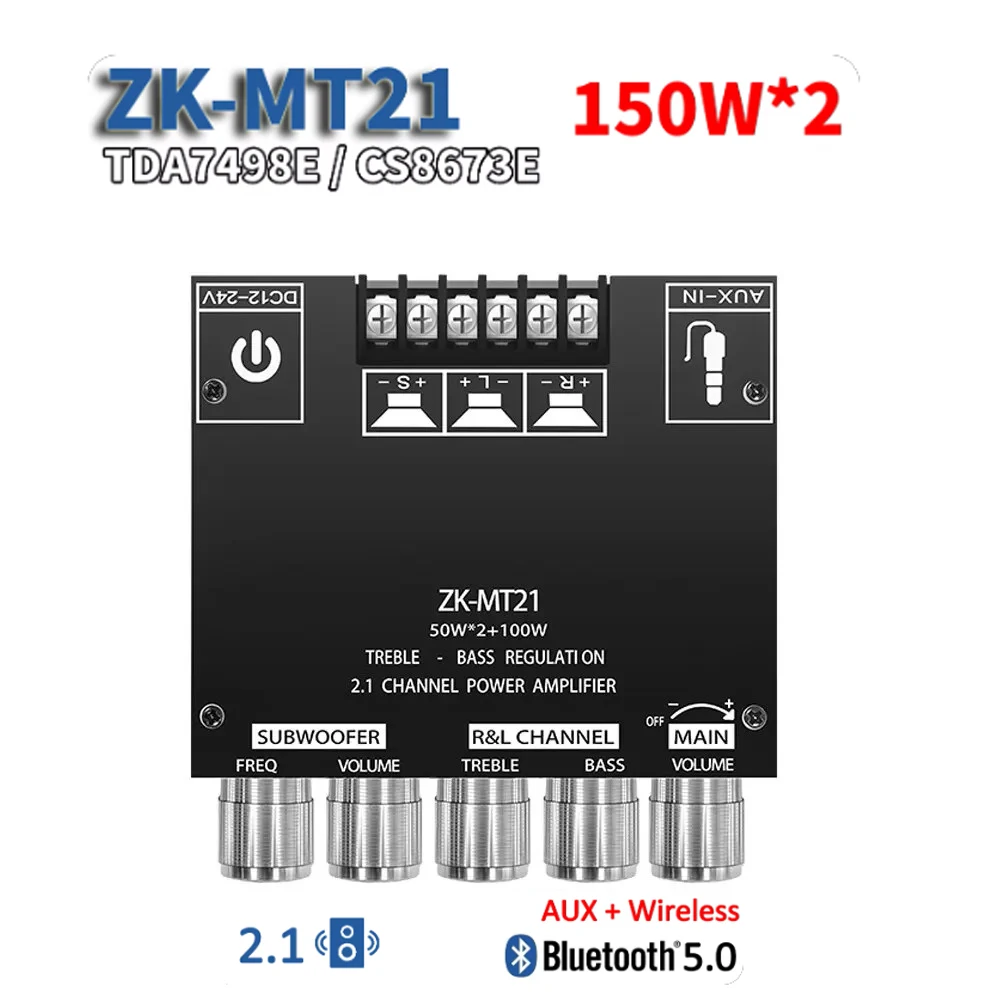 ZK-MT21 Digital Power Amplifier Board 2x50W+100W 2.1 Channel Subwoofer AUX 12V 24V Audio Stereo Bluetooth 5.0 Bass Amplifier