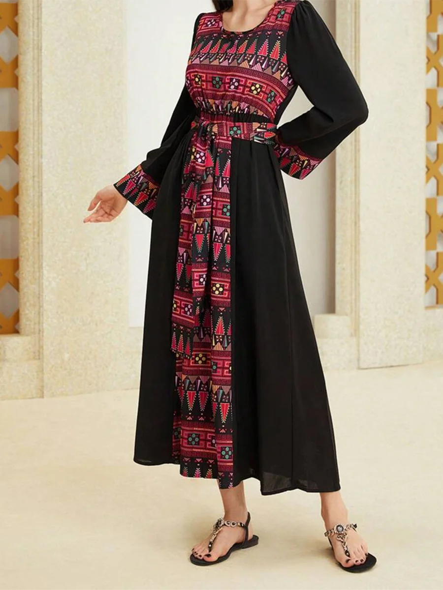 Nueva moda mujer otoño vestido largo Kaftan manga larga patrón Retro estampado cintura ahumada vestido árabe gran oferta S-XL