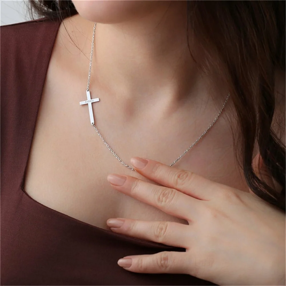 Cross Necklace Christian Jesus Custom Name Stainless Steel Gold Chain Choker Jewelry Prayer Baptism Gifts Collar Personalizado