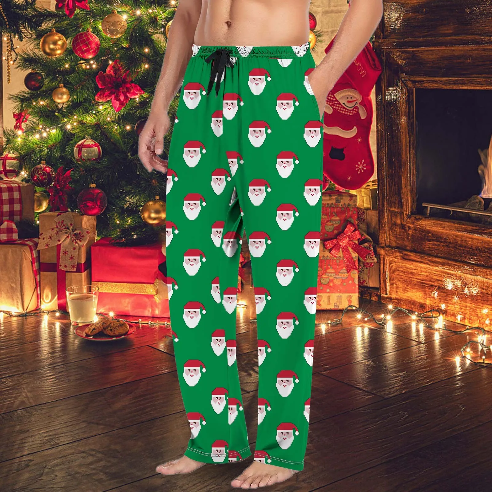 Funny Santas Claus Head Print Sleep Pants 2024 Christmas High Waist Drawstring Loose Wide Leg Pajamas Men's Trousers Plus Size