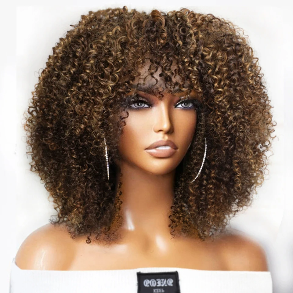 

Rebecca 250% Density Short Afro Kinky Curly Human Hair Wigs With Bangs Glueless Sassy Fluffy Growth Natural Wigs For Women