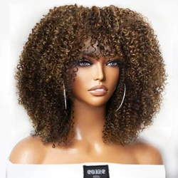Natural Brown Color Afro Kinky Curly Human Hair Wigs with Bangs Wear & Go Glueless Wig Remy Brazilian Short Curly Human Hair Wig