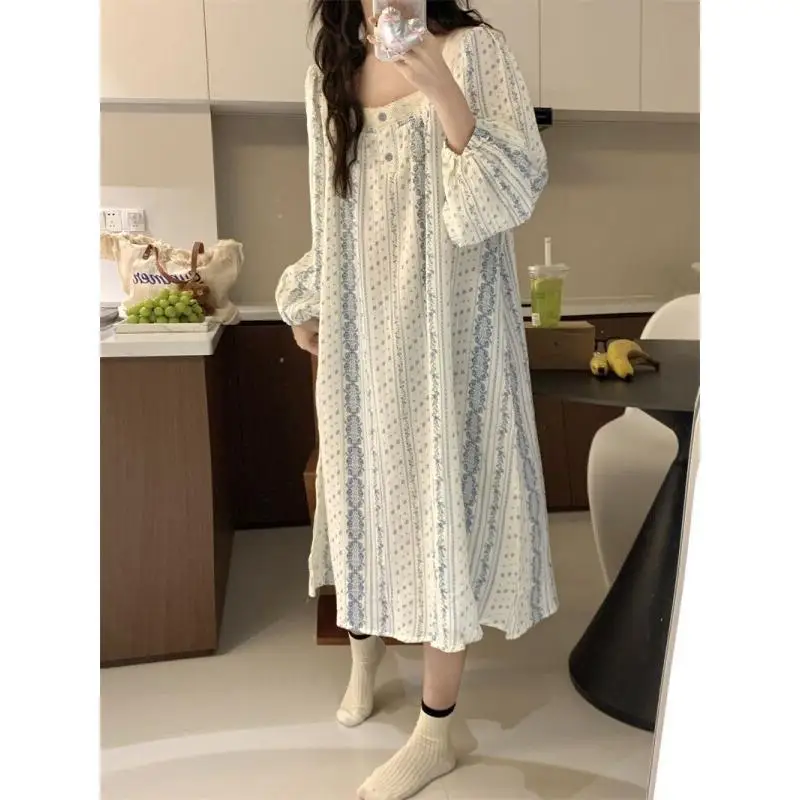 

Женская пижама: комфортная ночная сорочка с длинным рукавом, в цветочек и полоску, для дома и улицы, весна-осень, новинка 2025, свободный крой