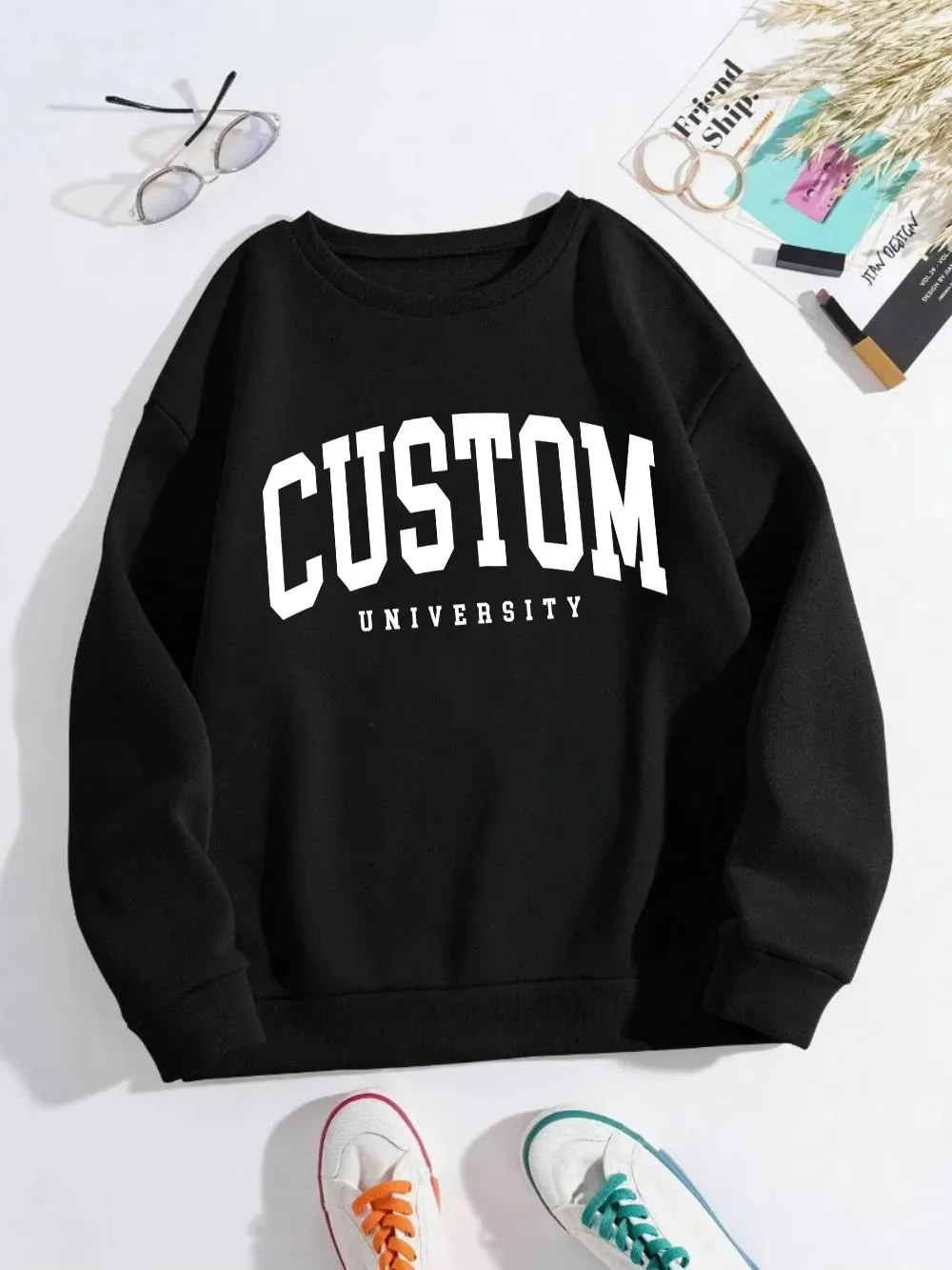 Women O-Neck Sweatshirt Custom University Letter Print Soft Pullover Hip Hop Fleece Streetwear Loose Casual Sportswear For Women