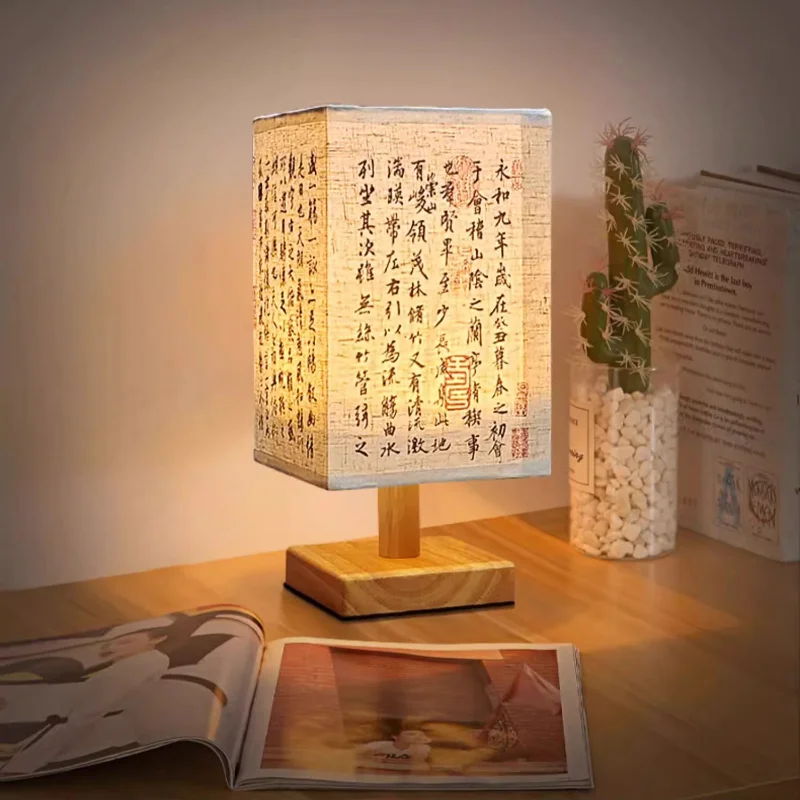 LED Chinese Style Table Lamps Dimmable USB Plug Square Simple Night Light Fabric Lampshade Bedroom Bedside Decor Desk Lights