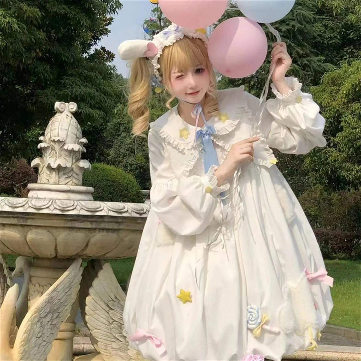 Japanse Leuke Lolita Cosplay Op Zoete Meisje Peter Pan Kraag Lint Strik Sterren Candy Pluizige Wolken Lantaarn Mouw Vrouwen Jurk