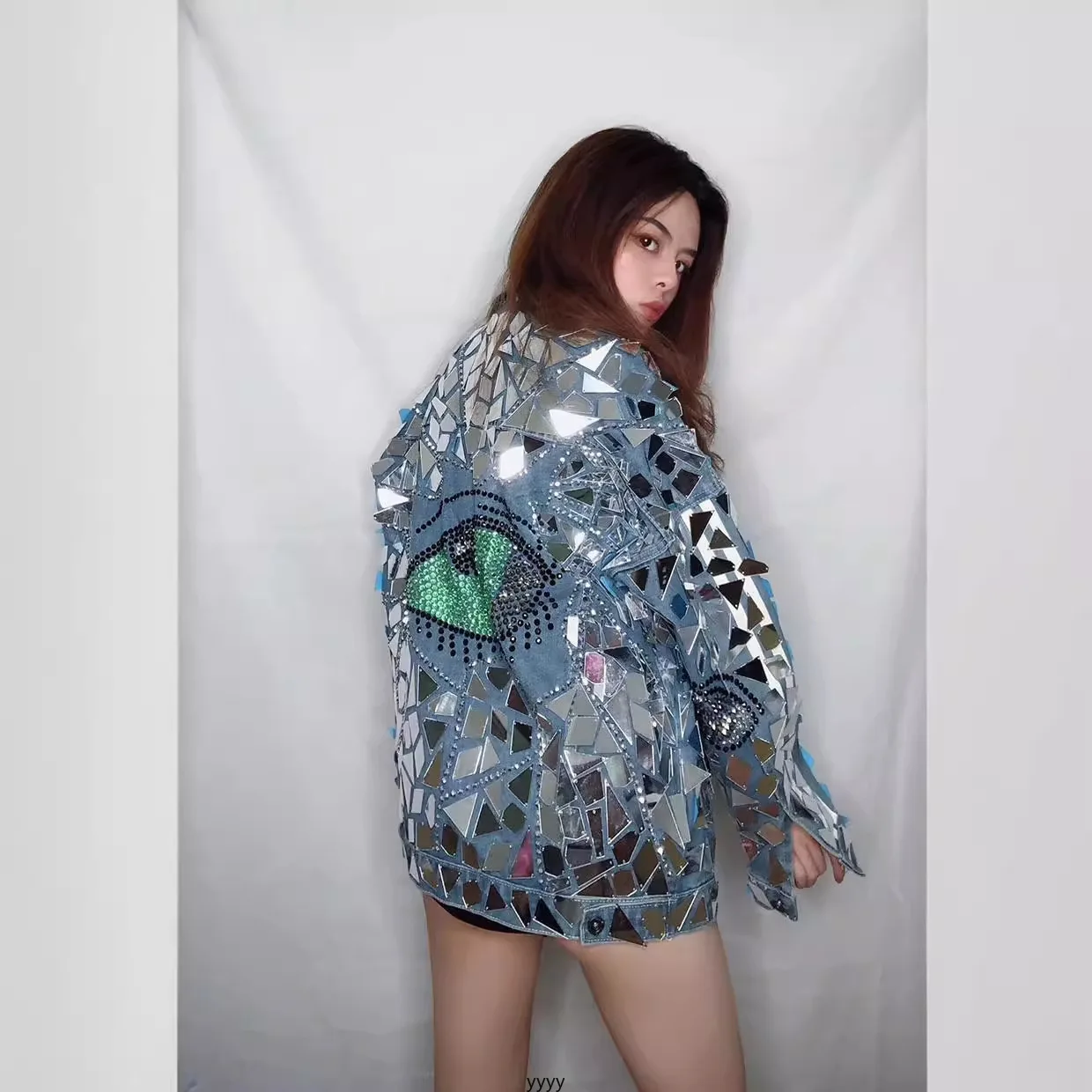 ที่กําหนดเองผู้หญิงผู้ใหญ่เพชรเลื่อมชุดยาววันเกิดเครื่องแต่งกายชุด DENIM เลนส์กระจกเสื้อบิกินี่ STAGE