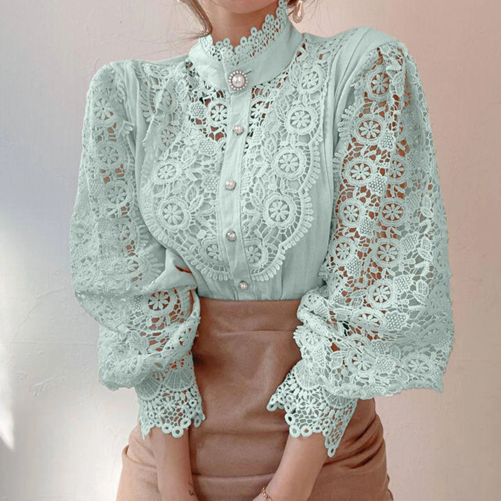 Lace Embroidery High Collar Blouse Pure Color Button Down Fashion Puff Sleeve Vintage T-Shirts Tea Break French Style Top