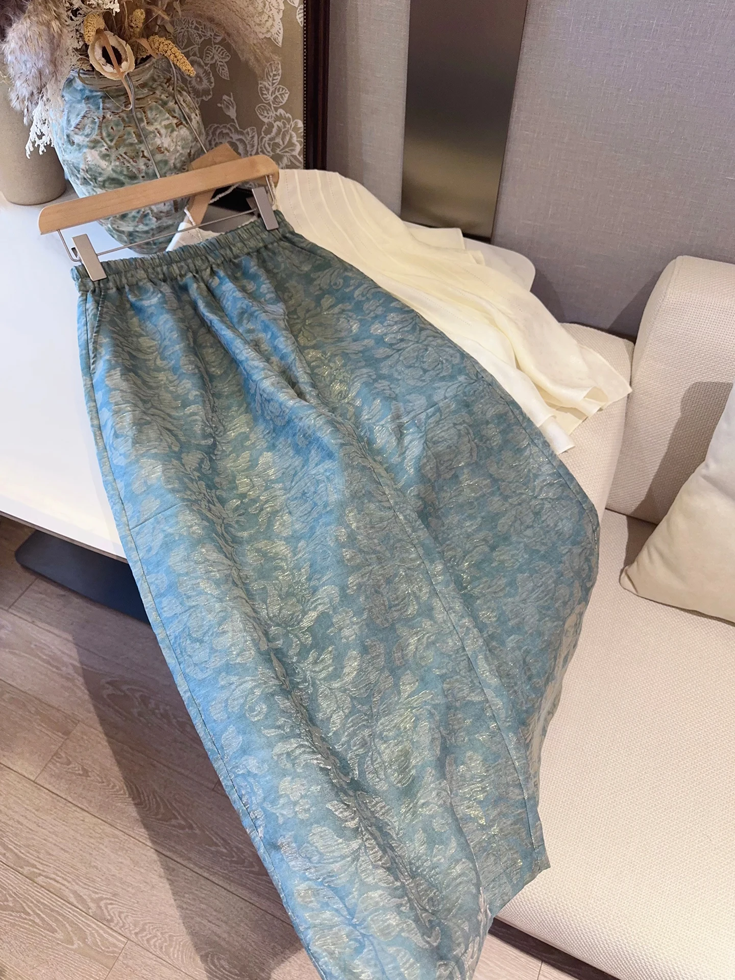 

Blue Retro Style Wide Leg Pants Loose Fit Nine Points Linen Chinese National Style Skirt Pants for Women