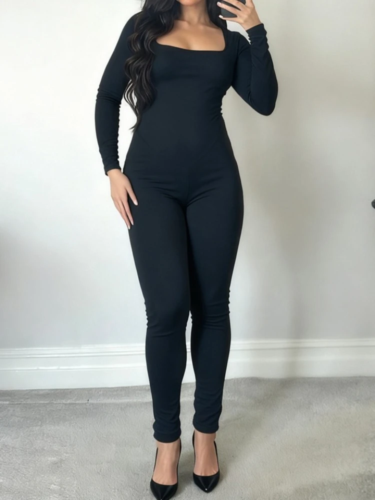 

SsTss сексуальный комбинезон с открытой спиной для женщин, модный осенний однотонный комбинезон с квадратным вырезом и длинными рукавами, облегающий низ, повседневная уличная одежда
