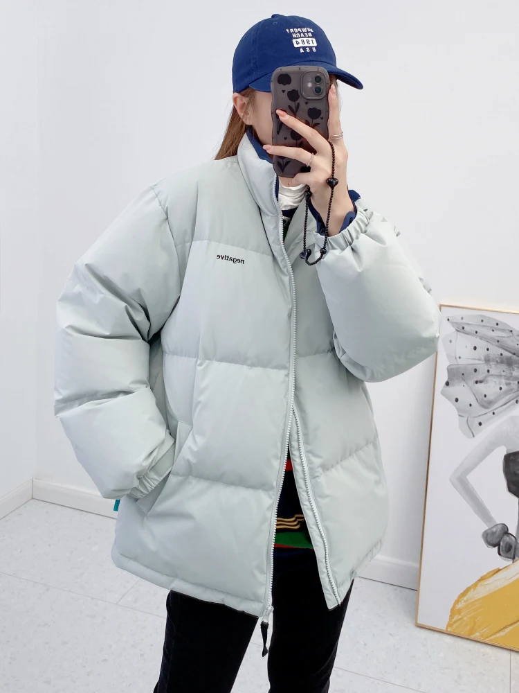 Jaqueta puffer casual para mulheres, gola curta, casaco quente e espessado branco para baixo, casaco à prova de vento, solto, novo, 2024