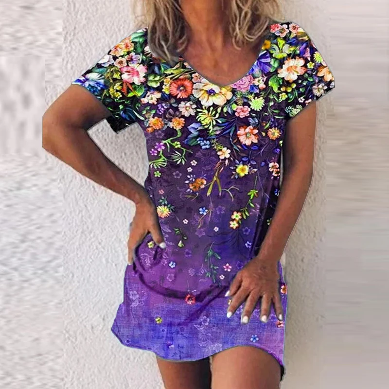 Vestido de verano con estampado Floral para mujer, ropa elegante con cuello en V, jersey de manga corta a la moda, 2023