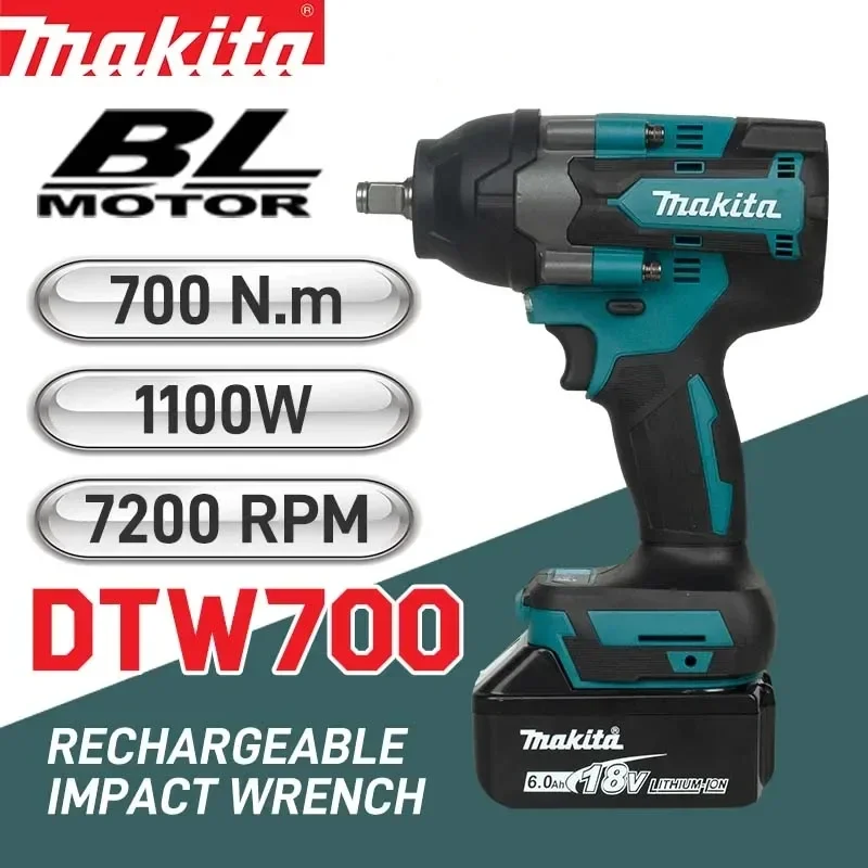 Makita-llave eléctrica DTW700, sin escobillas, multifuncional, recargable, batería de litio de 18V, reparación de automóviles, llave de impacto de alto par
