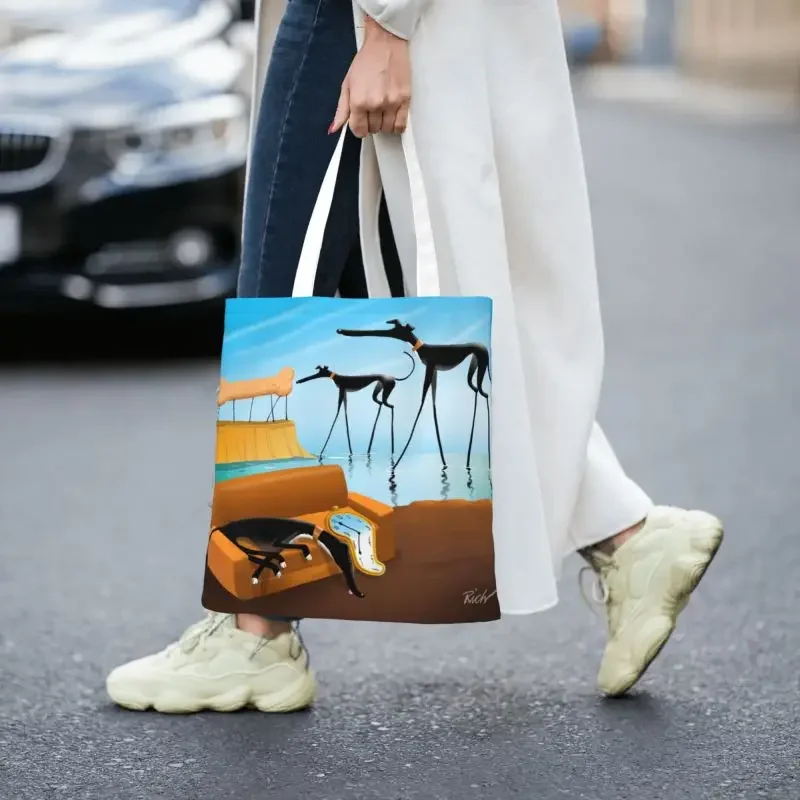 Bolso de lona reutilizable para mujer, bolsa de compras divertida de galgo Lurcher de Salvador Dalí, Whippet Sighthound Dog Art, Tote Shopper