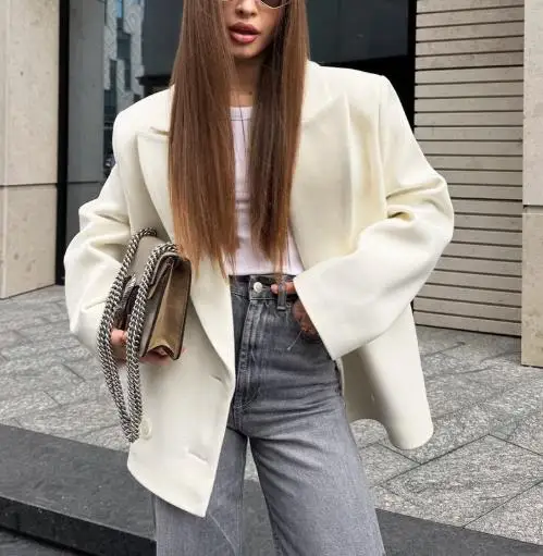 Women's Blazer 2025 Spring Autumn New Solid Color Notched Collar Long Sleeve Loose Casual Double-Breasted Blazer Coat