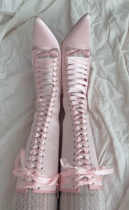 Pink Satin Lace up Knee High Boots Ribbon Cute Bow Women\'s Pointed Toe High Heels Elegant Long Boot Girls Party Lolita Shoes