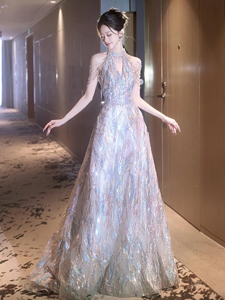 فستان سهرة فاخر من شوي بولان لحفلات الزفاف، تصميم كوري أنيق بياقة معلقة وتنورة على شكل حرف A