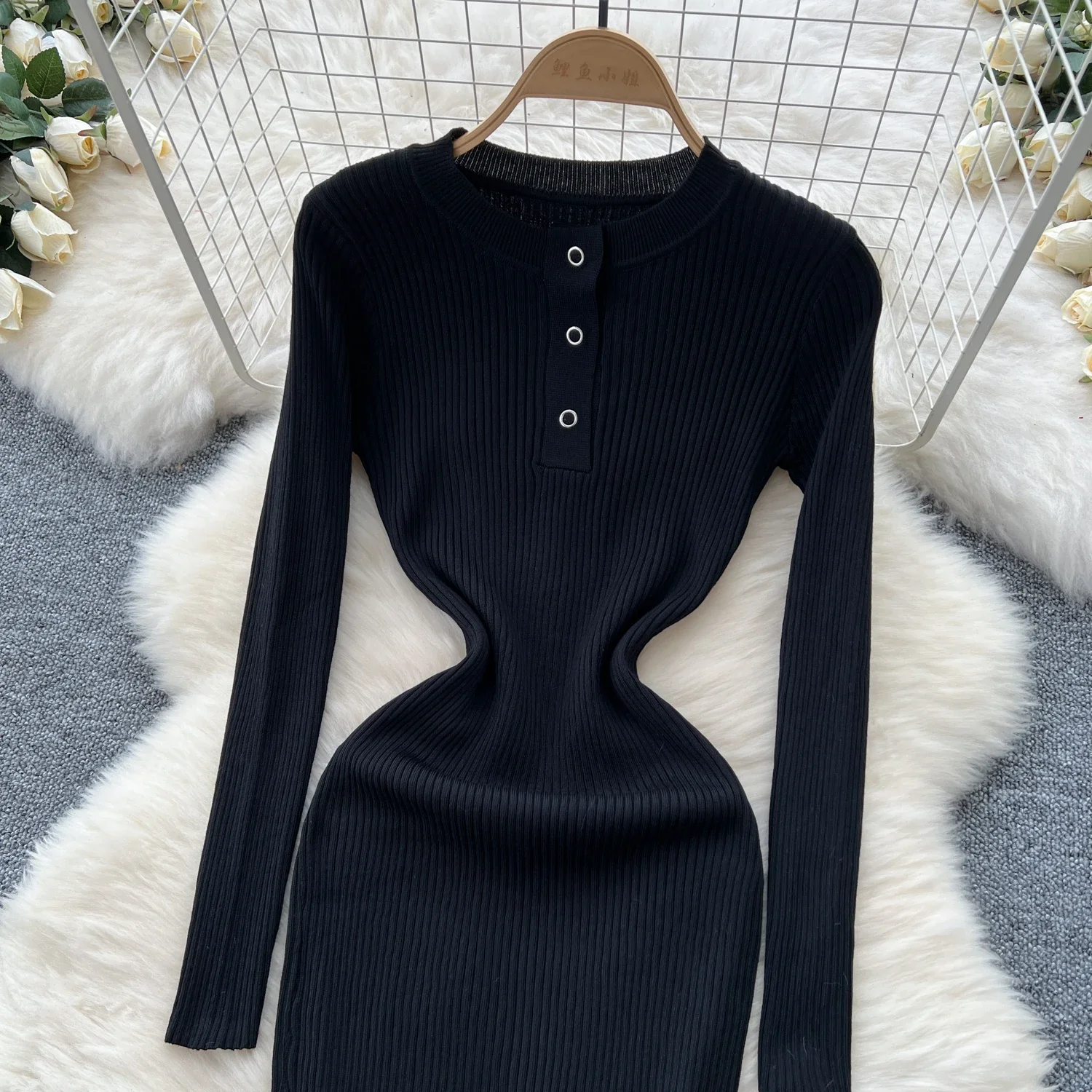 Damska sukienka z długim rękawem O Neck Bodycon Button Vintage French Fashion Vestidos Slim Tight Elegant Lady Dresses