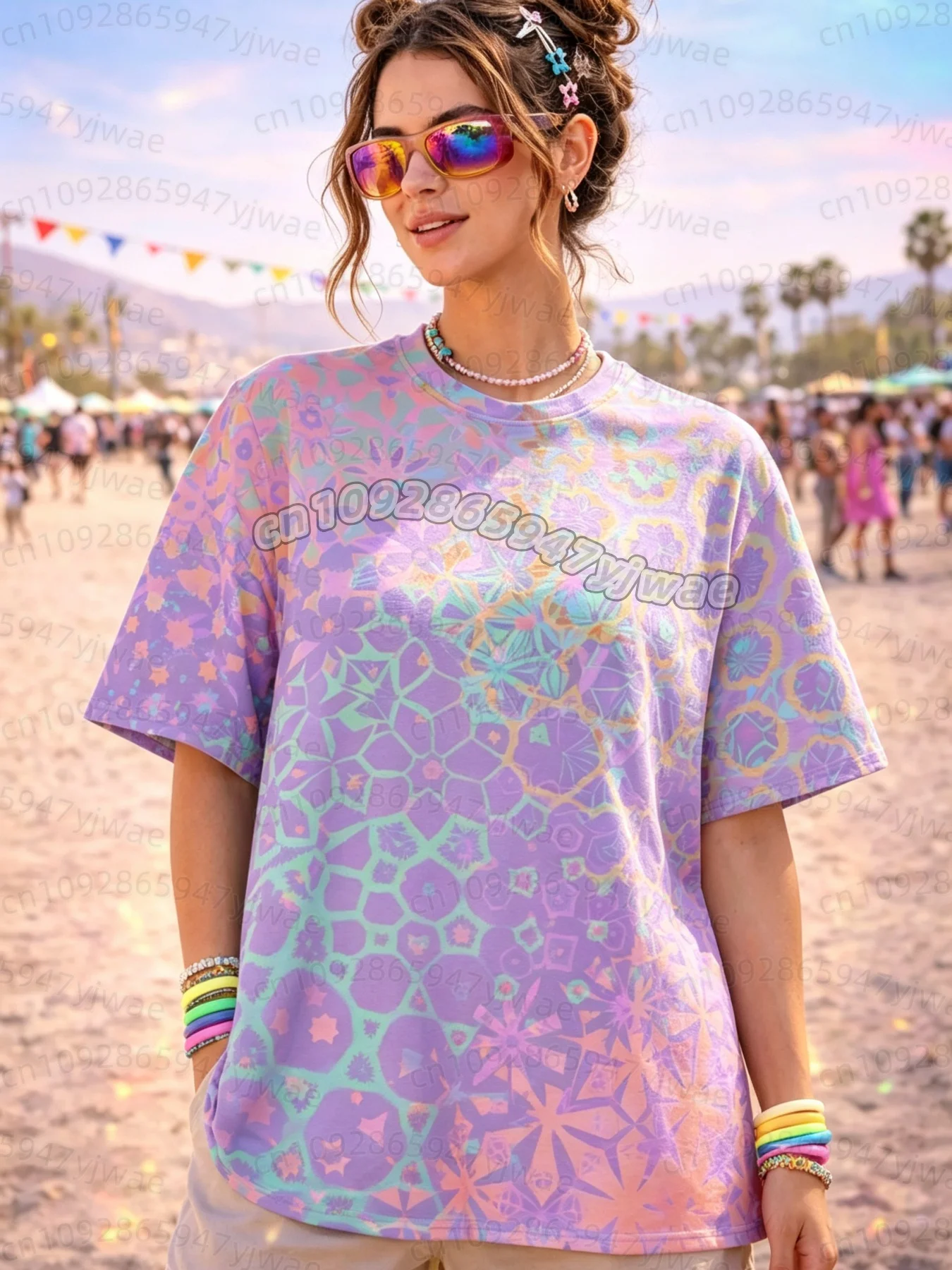 Damen Rave Festival Outfit Oversized T-Shirt Trippy Psychedelic Kaleidoskop Mandala Blumendruck Kurzarm T-Shirt Boho Hippie S – Detail 6