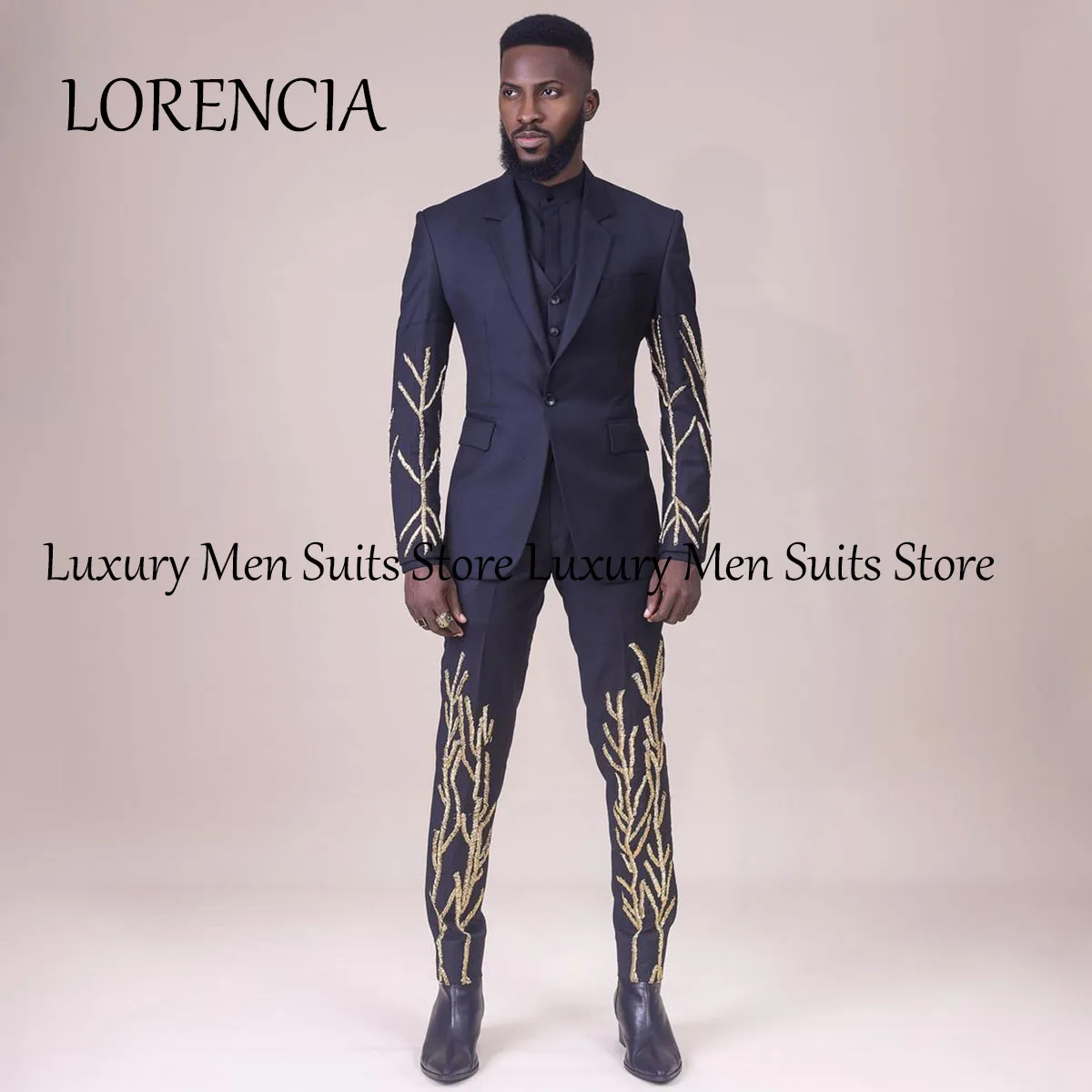 Formal 2 Pieces Sets Beaded Gem Crystals Men Suits Peaked Lapel Wedding Groom Tuxedos Male Party Prom Blazer Slim Costume Homme