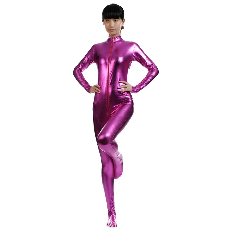 Women Shiny Metallic Spandex Zentai Tight Suit Front Zipper Bodysuit Kid Adult Size Men Halloween Carnival Latex Catsuit